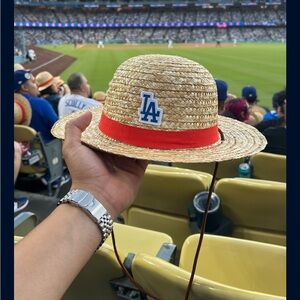 Red and Tan Straw Hat with Classic Wide Brim